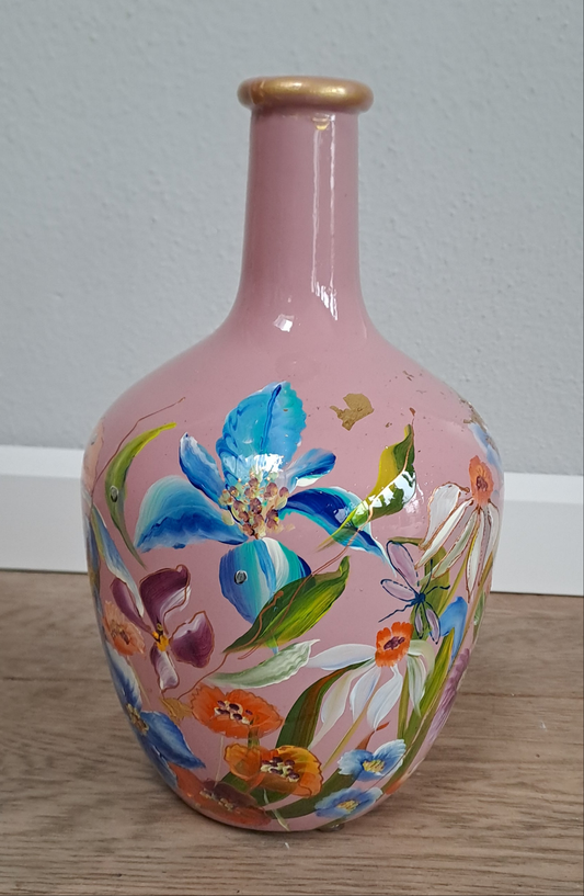Flesvaas roze met bloemen